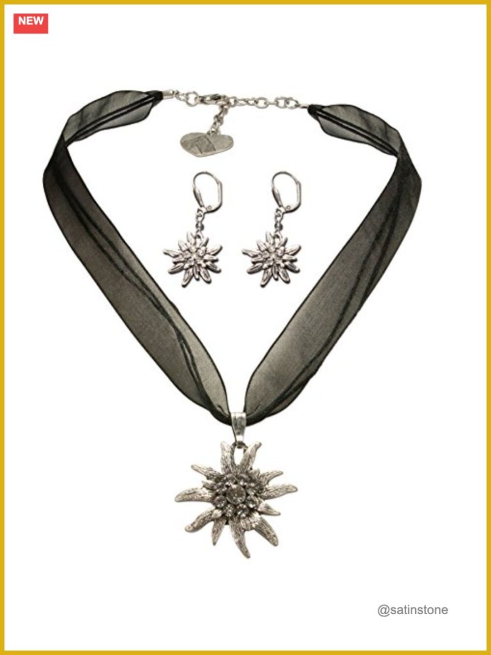 Traditional Bavarian Jewelry Set Organza Ribbon Necklace Earrings Rhinestone
